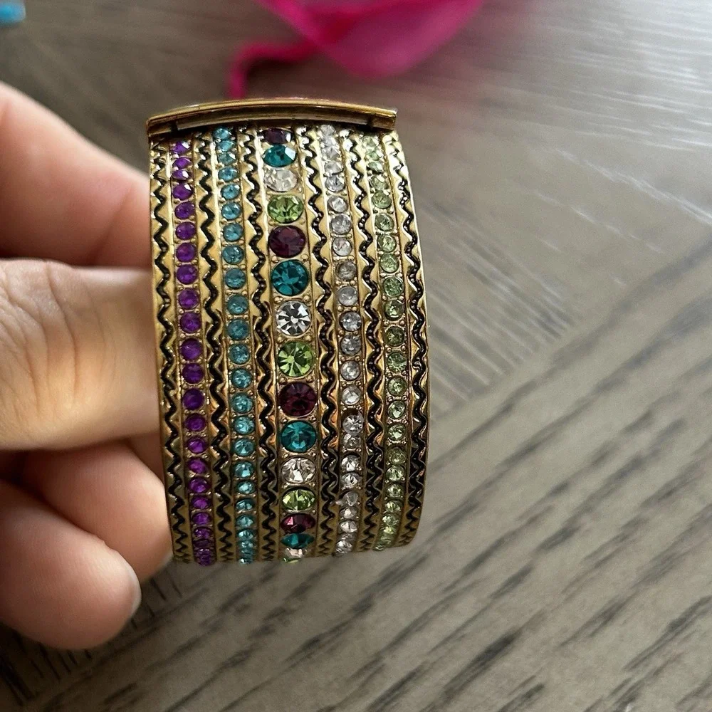 Vivani Gold Tone Multicolor Crystal Cuff Watch Quartz Japan Movt + Pouch‎ Y2K
